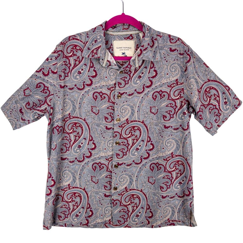 Silk Paisley Shirt Mens Large Gray Red Short Sleeve Button Up | Island Republic
